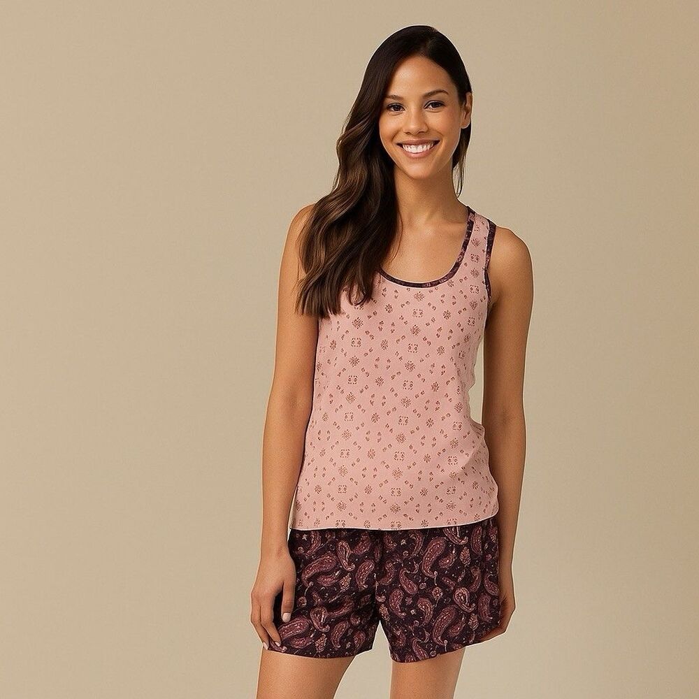 Lucky Brand Pajama Set Pink Maroon Paisley Tank Top Shorts Size M Medium EUC!!